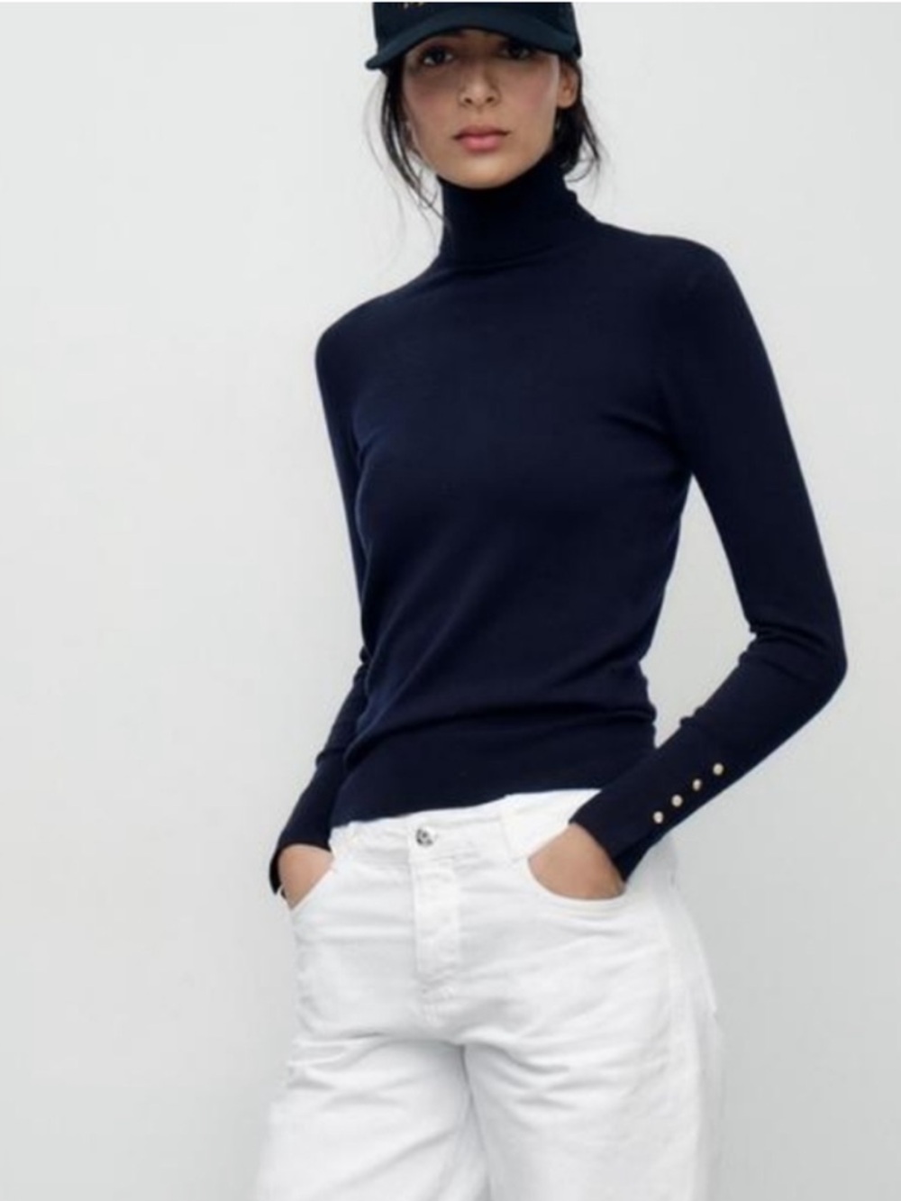 Zara Navy Turtleneck Knit Sweater with Gold Buttons